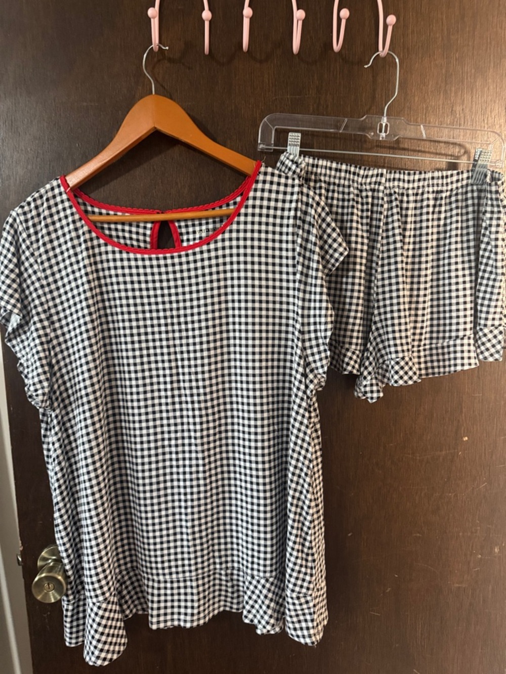 Kate Spade Black & White Gingham Short Pajama Set with Red Trim